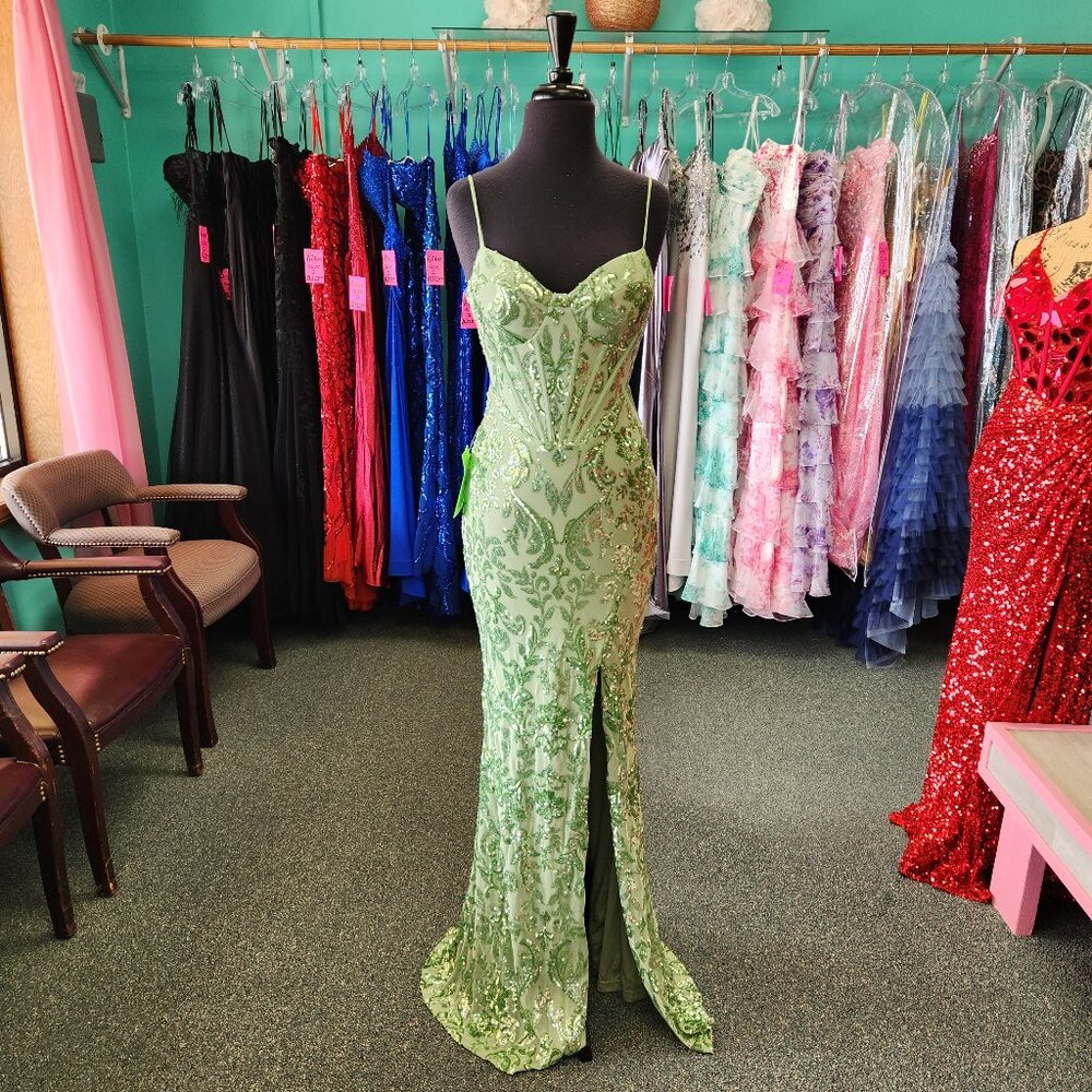 Private Label Selah Sizes 6 & 10 Sage Green Pattern Sequin Prom Dress Evening